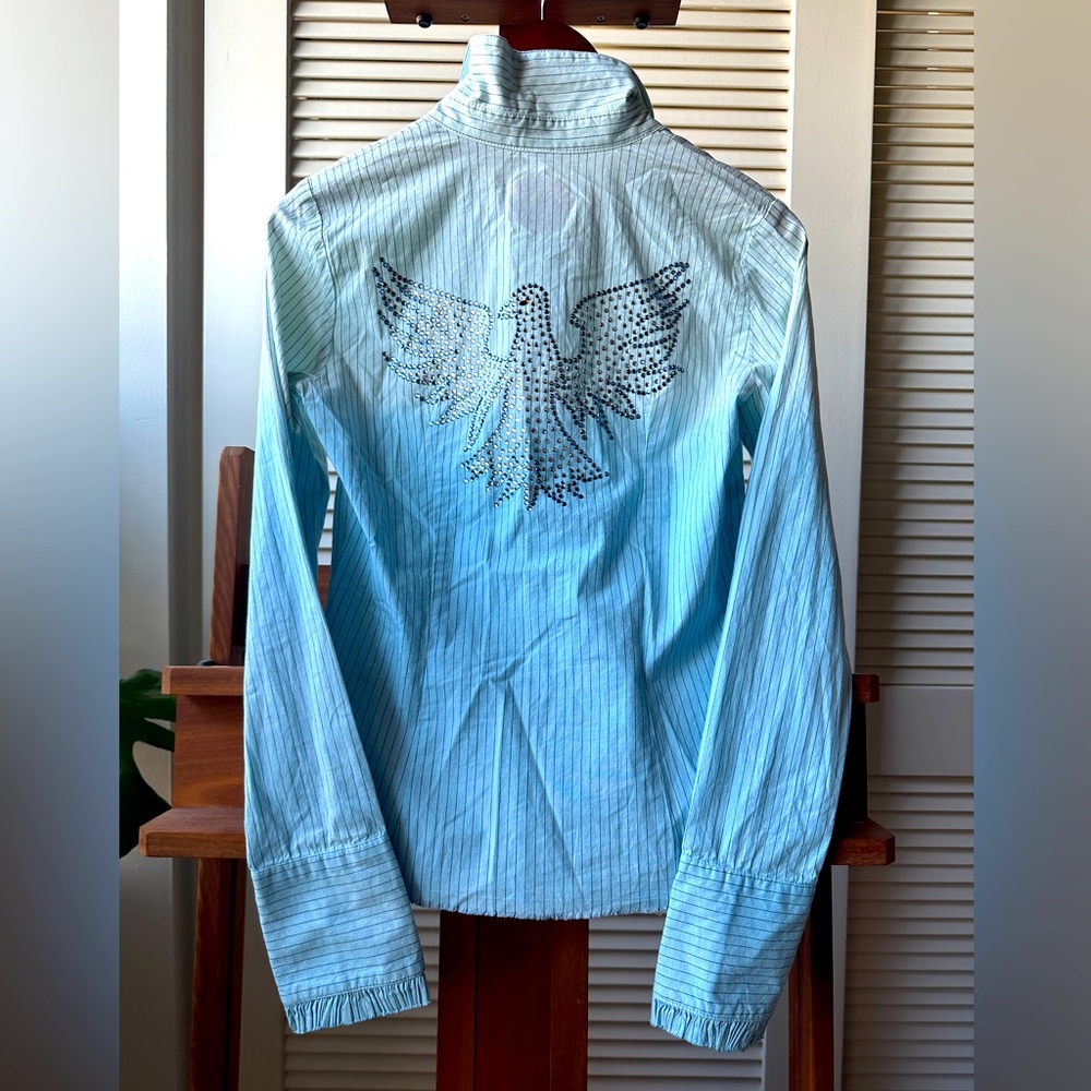 Western Style Vintage BoHo Love Junkie Fitted pale Blue Striped Shirt S